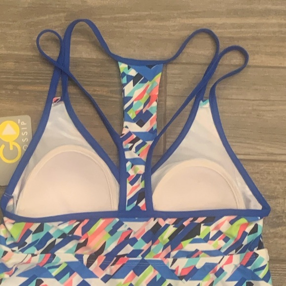 NWT Go Gossip Tankini Swim Top Small or Medium Crossed Signals Racerback Blue - Picture 9 of 14